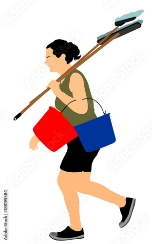 Floor care and cleaning services with washing mop in sterile factory or clean hospital. Cleaning lady service vector illustration. Housemaid cleaner with bucket and equipment. Housework job.