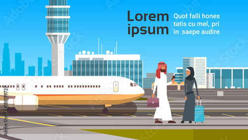 Arabic Man And Woman Over Modern Airport Background Arab Business People Couple Travel Flat Vector Illustration