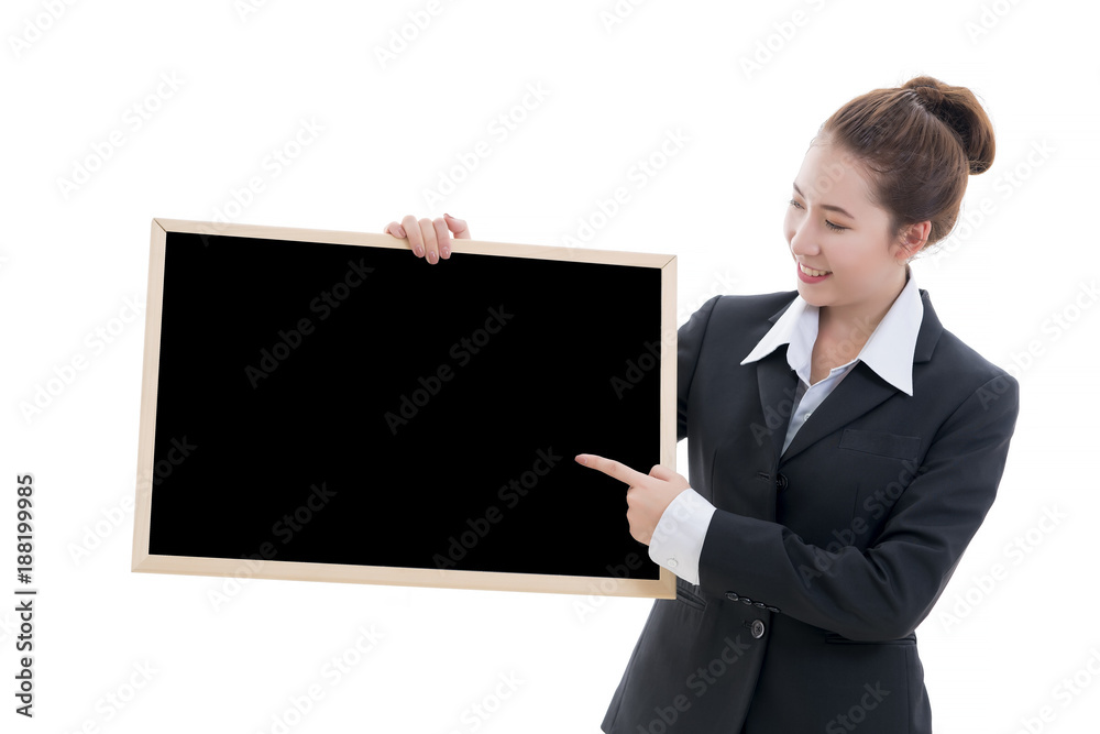Business concept : Smiling young Asian businesswoman in black suit and white t-shirt holding blank black frame isolated on white background Business concept : Smiling young Asian businesswoman in black suit and white t-shirt holding blank black frame isolated on white background