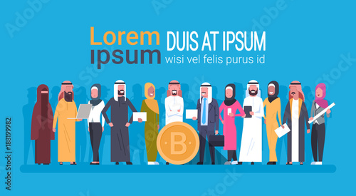Arabian People Holding Bitcoin Coin Crypto Currency Web Money Concept Digital Cryptocurrency Mining Template Banner With Copy Space Flat Vector Illustration