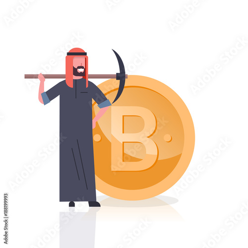 Cryptocurrency Mining Concept Arab Man With Pickaxe Over Golden Bitcoin Coin Isolated On White Background Flat Vector Illustration