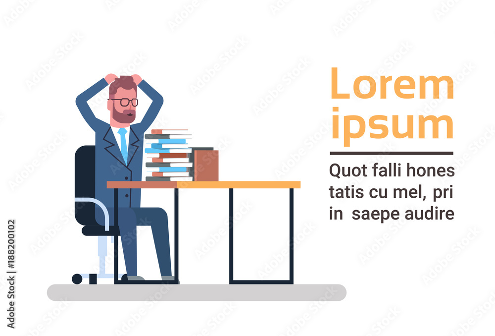 Confused Business Man Look At Stack Of Papers Holding Head Overloaded And Tired Businessman Paperwork Concept Flat Vector Illustration