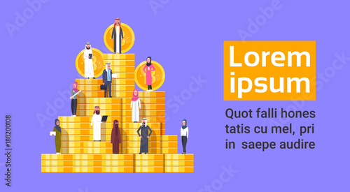 Arabian People Standing At Bitcoin Stack Crypto Currency Web Money Concept Digital Cryptocurrency Mining Banner With Copy Space Flat Vector Illustration