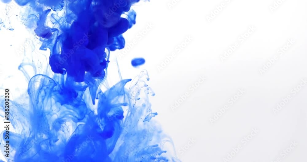 Close up bright blue colored drop in the water , abstract motion movement of watercolor ink splashing background , 4K Dci resolution