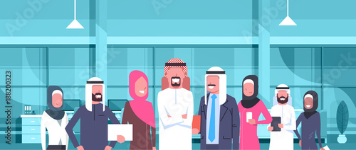 Arab Businessman Boss With Team Of Arabic Business People In Modern Office Wearing Traditional Clothes Arab Employees Workers Flat Vector Illustration