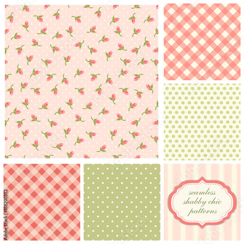 Set of cute seamless Shabby Chic patterns with roses, polka dot and plaid