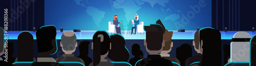 Two Arab Business Men Or Politicians On Coference Or Debate Meeting Interview Talking Over World Map In Front Of Big Audience Horizontal Banner Flat Vector Illustration