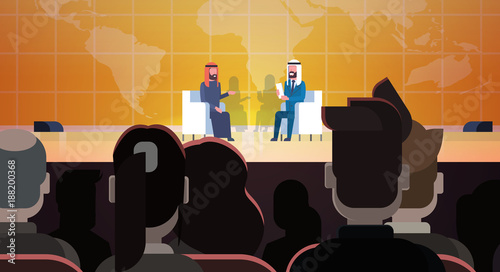 Two Arab Business Men Or Politicians On Coference Or Debate Meeting Interview Talking Sit Over World Map In Front Of Big Audience Flat Vector Illustration