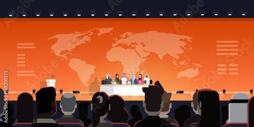 Group Of Arab Business People On Conference Public Debate Interview Over World Map Background Official Meeting Of Arabic Politicians Flat Vector Illustration