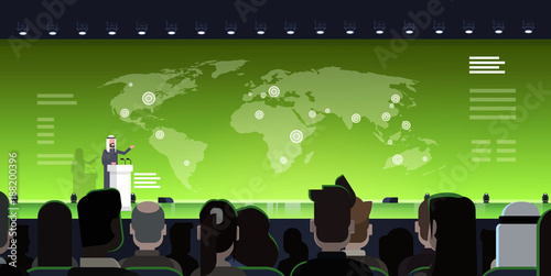 International Conference Meeting Concept Arab Business Man Or Politician Leading Presentation From Tribune Over World Map Arabian Speaker Training With Big Audience Flat Vector Illustration