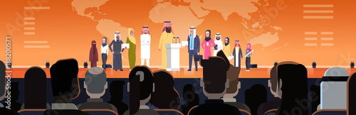 Arab Business People Group On Conference Meeting Or Presentation Horizontal Banner Team Of Arabian Speakers Corporate Training Concept Flat Vector Illustration
