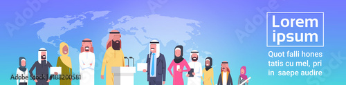 Group Of Arab Business People On Conference Meeting Or Presentation Over World Map Background Team Of Arabian Speakers Corporate Training Or Report Concept Flat Vector Illustration