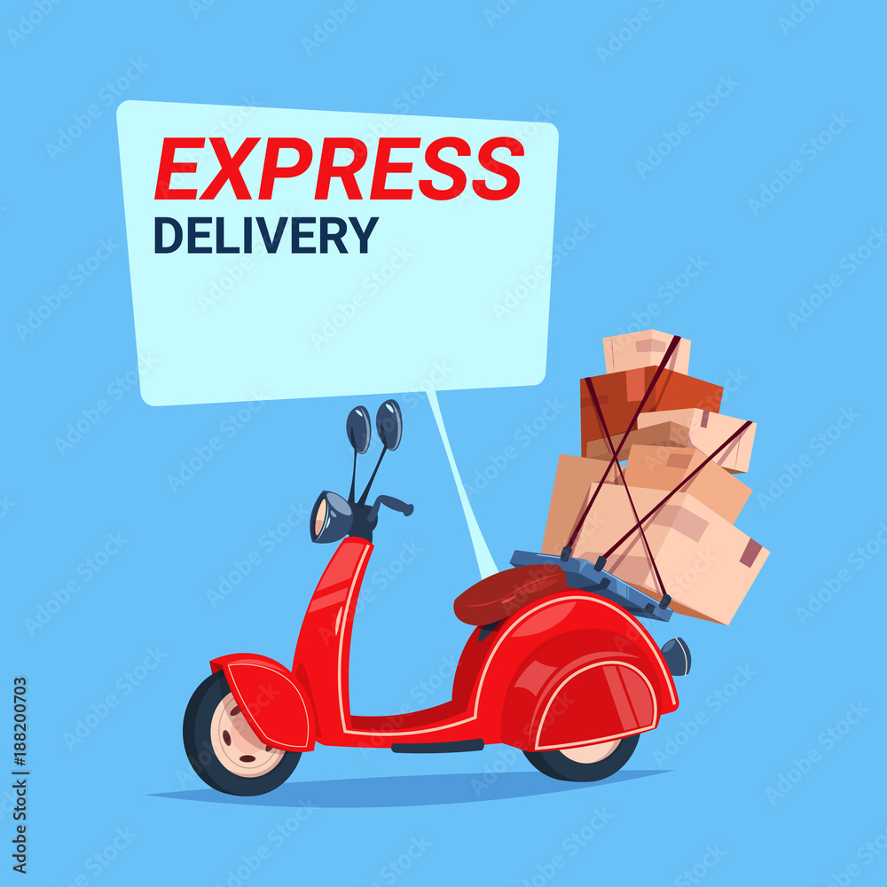 Express Delivery Service Icon Retro Motor Bike With Boxes Over Blue Background Flat Vector Illustration
