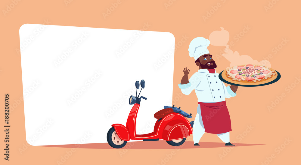 Pizza Delivery Concept African American Chef Cook Hold Box With Hot Dish Standing At Red Motor Bike Template Banner With Copy Space Flat Vector Illustration