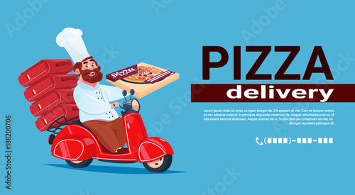 Fast Pizza Delivery Concept Chef Cook Riding Red Motor Bike Flat Vector Illustration