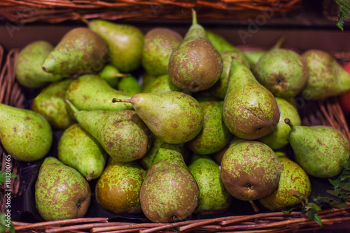 Pear texture - Organic Ripe pears fruit  in the market.  Pears harvest.  Food background