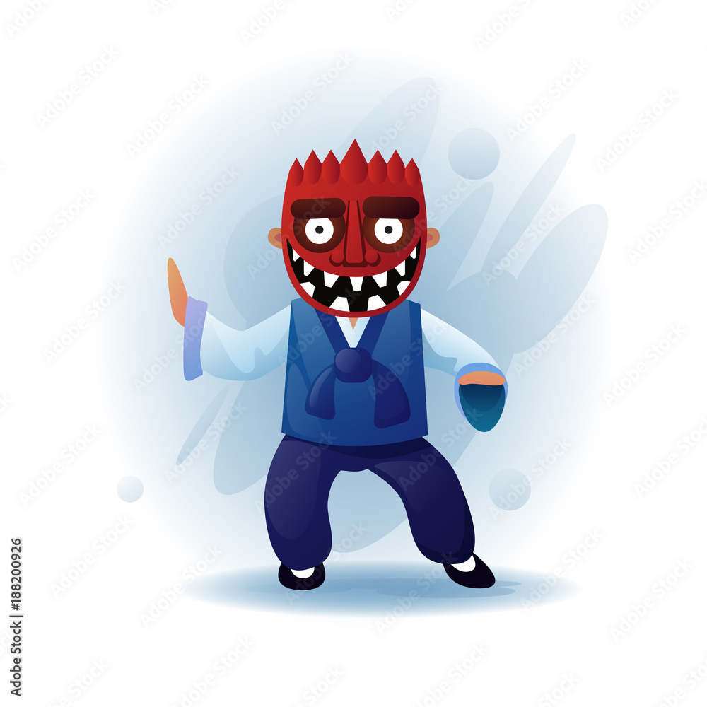 Man Wearing Traditional Asian Clothes Kimono And Tribal mask Dancing Asia Tradition Performance Flat Vector Illustration