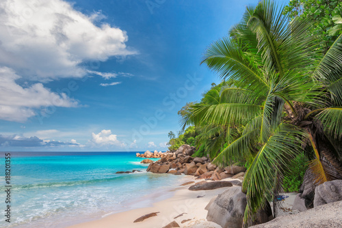 Beautiful sunny tropical beach on the paradise island  Seychelles. Summer vacation and holiday travel concept. 