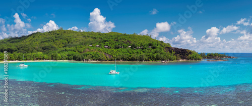 Panoramic view on tropical island in Seychelles. Summer vacation and holiday travel concept.  photo