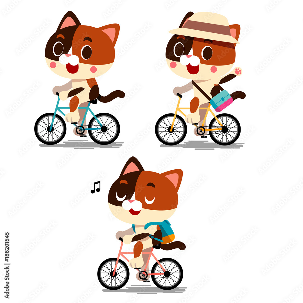 Fototapeta premium Vector set of cute calico cat characters riding on bicycle isolated on white background.