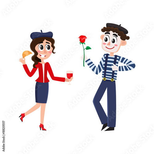 French girl, woman with red wine and croissant and mime giving her rose, cartoon vector illustration isolated on white background. Symbols of France - mime and woman in beret with wine and croissant
