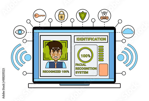 Laptop Computer Identification System Biometrical Identification Business Man Face Scanning Face Recognition Concept Vector Illustration