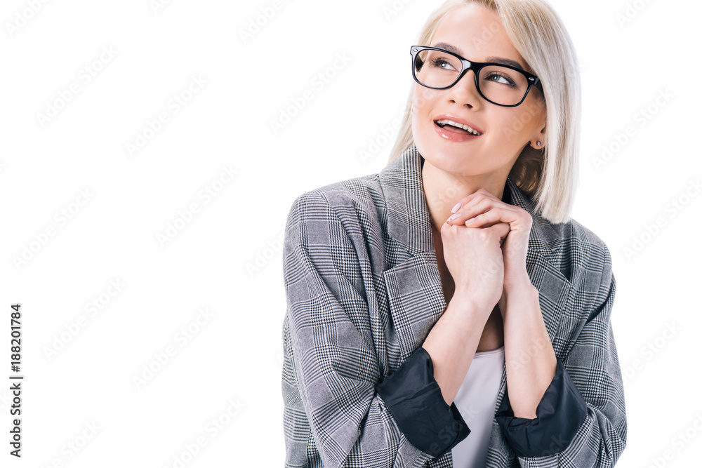 happy elegant woman in eyeglasses, isolated on white happy elegant woman in eyeglasses, isolated on white