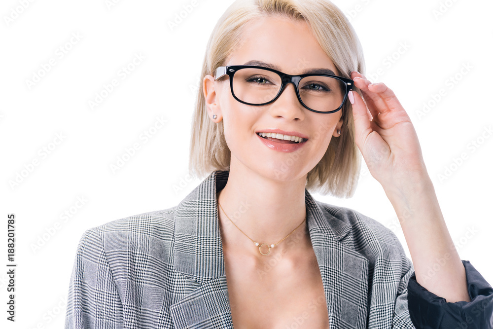 stylish smiling woman posing in eyeglasses, isolated on white stylish smiling woman posing in eyeglasses, isolated on white