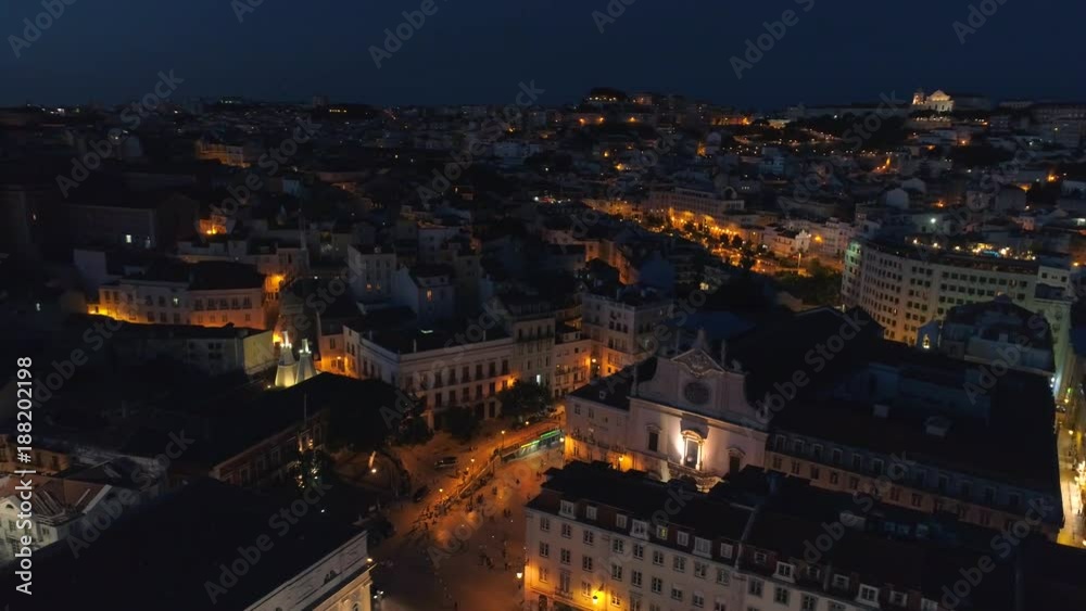 Lisbon Portugal night cityscape city centre view aerial 4k drone Rossio square Lisbon Portugal night cityscape city centre view aerial 4k drone Rossio square