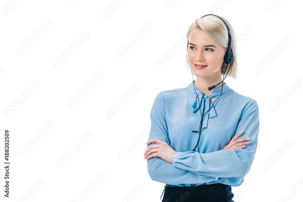 beautiful operator with crossed arms working in headset, isolated on white beautiful operator with crossed arms working in headset, isolated on white