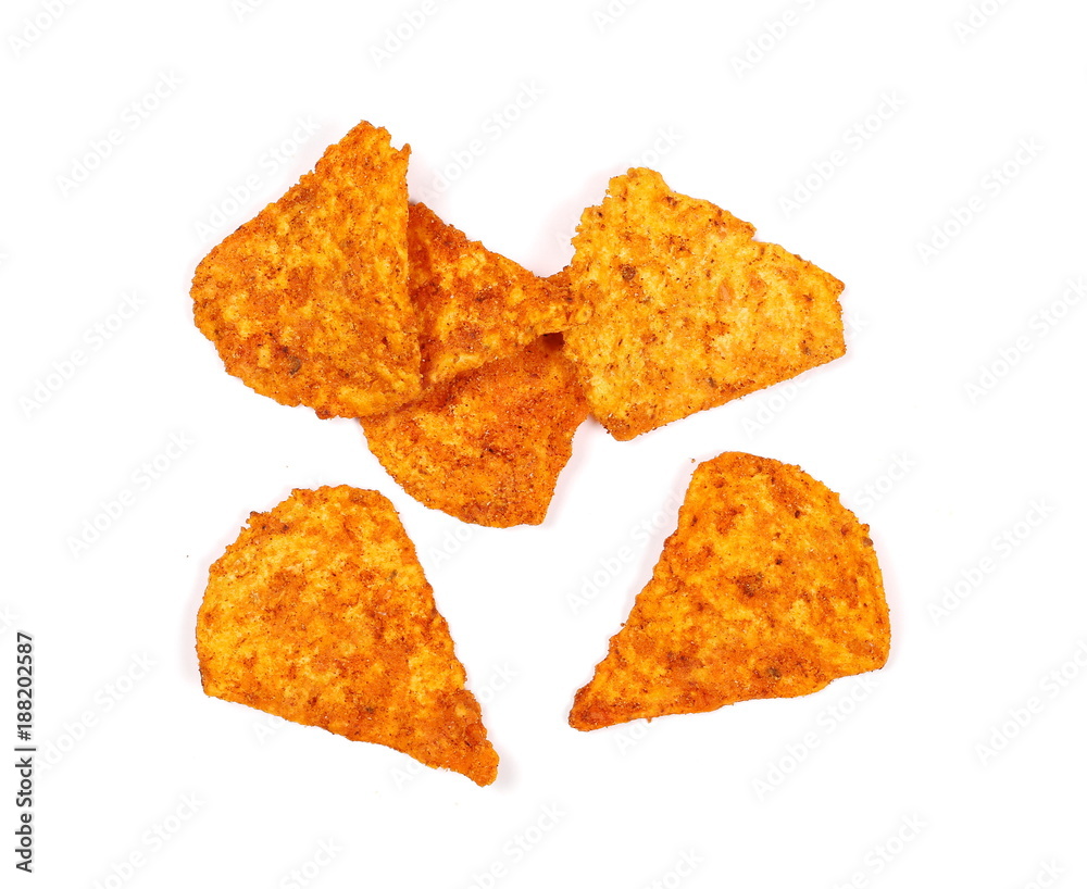 Chili tortilla chips pile isolated on white background, top view Chili tortilla chips pile isolated on white background, top view