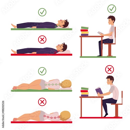 Correct and incorrect back and neck posture for sleeping and working, cartoon vector illustration isolated on white background. Side view picture of people showing correct and incorrect posture