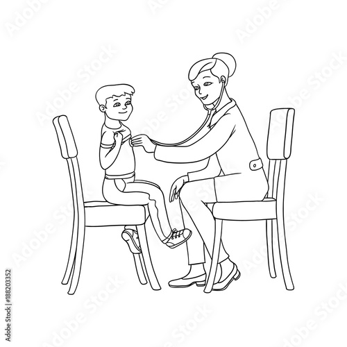vector flat cartoon female doctor with stethoscope examining teen boy kid lungs sitting at chairs. Woman pediatrician in medical clothing and child. Isolated illustration on a white background.