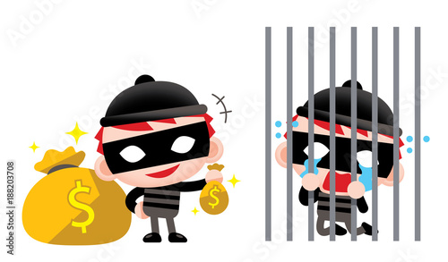 Vector thief, robber character waring mask, holding a bag of money and crying in jail isolated on white background.