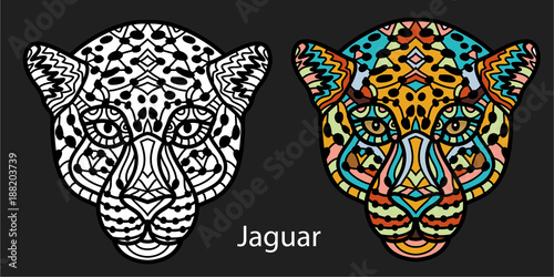 Monochrome hand-drawn ink drawing. Painted Jaguar with tribal pattern.