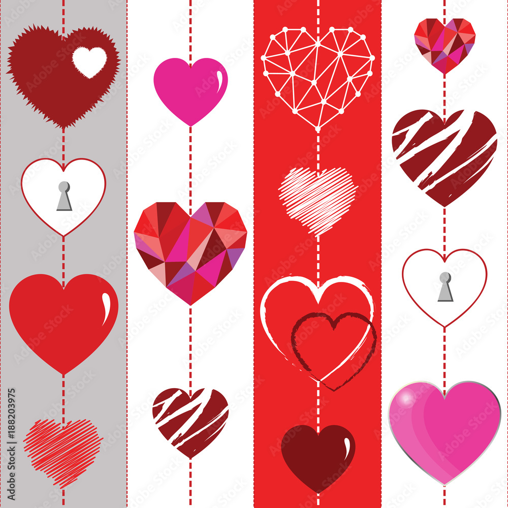 Happy Valentines Day background and striped seamless texture with the Hearts.