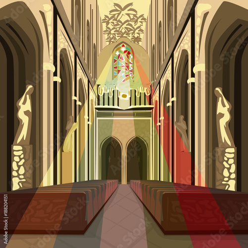 Beautiful view inside Cathedral Church. Interior of Catholic Basilica with multicolor sun rays from stained glass. Simplified realistic hand draw comic art style
