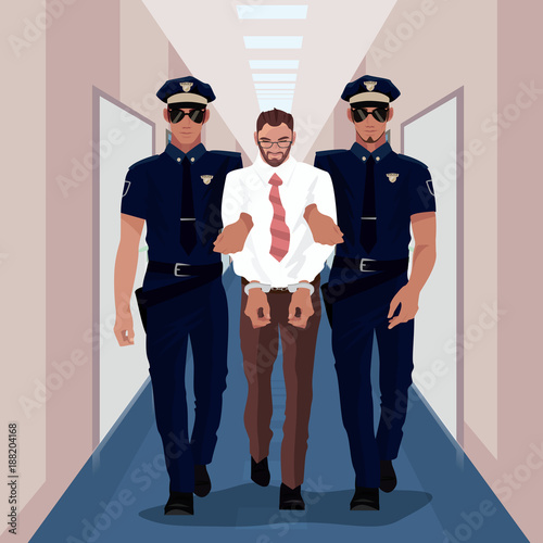 Police officers arrested businessman at office and lead him with handcuffs in business center. Corruption or Crime concept. Simplistic realistic cartoon style