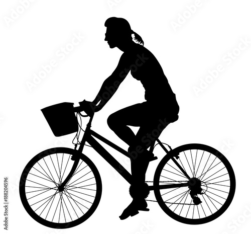 Fototapeta Naklejka Na Ścianę i Meble -  Girl riding bicycle vector silhouette illustration isolated on white background. Woman outdoor enjoying in bike driving.