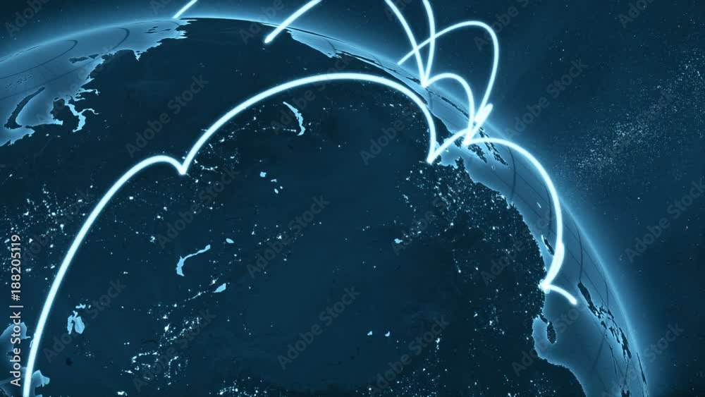 3d animation of a growing network across the world. Abstract global business network concept. New and improved 4K blue version
