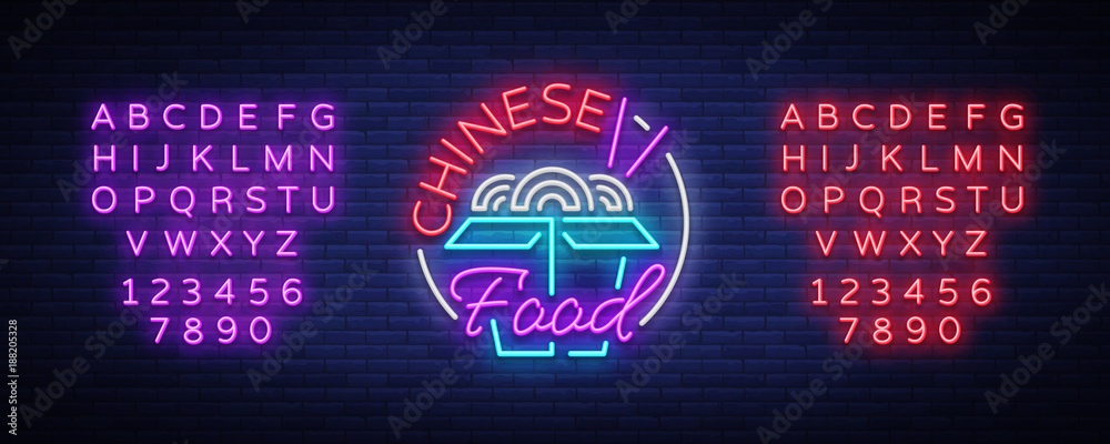 Fototapeta premium Chinese food logo in neon style. Neon sign, bright nightlight. Bright neon advertising on the theme of Chinese and Asian food, for restaurant, dining room. Vector illustration. Editing text neon sign
