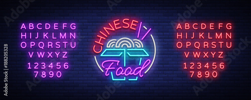 Chinese food logo in neon style. Neon sign, bright nightlight. Bright neon advertising on the theme of Chinese and Asian food, for restaurant, dining room. Vector illustration. Editing text neon sign