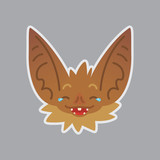 Bat emotional head. Vector illustration of bat-eared brown creature shows fun emotion. Joke emoji. Smiley icon. Halloween decoration, print, chat, communication. Object with sublayer. Laugh out loud.