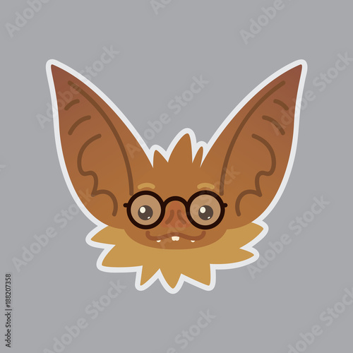 Bat emotional head. Vector illustration of bat-eared brown creature shows nerd emotion. Smart emoji. Smiley icon. Halloween decoration, print, chat, communication. Object with sublayer. Education.