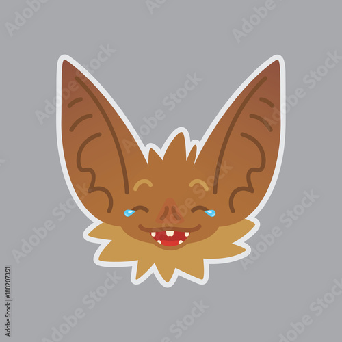 Bat emotional head. Vector illustration of bat-eared brown creature shows fun emotion. Joke emoji. Smiley icon. Halloween decoration, print, chat, communication. Object with sublayer. Laugh out loud.