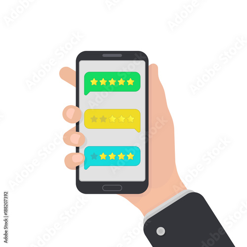 User reviews on smartphone. Feedback. Testimonial messages on mobile phone. Review rating in speech bubbles. Good and bad rate. Hand with smartphone. Flat style.
