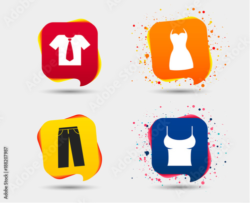 Clothes icons. T-shirt with business tie and pants signs. Women dress symbol. Speech bubbles or chat symbols. Colored elements. Vector