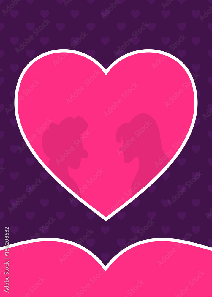 Pink heart romantic card design with silhouette of boy and girl