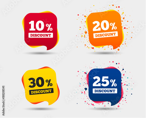 Sale discount icons. Special offer price signs. 10, 20, 25 and 30 percent off reduction symbols. Speech bubbles or chat symbols. Colored elements. Vector