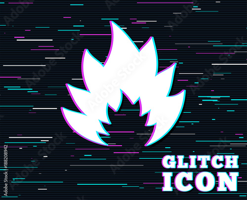 Glitch effect. Fire flame sign icon. Heat symbol. Stop fire. Escape from fire. Background with colored lines. Vector